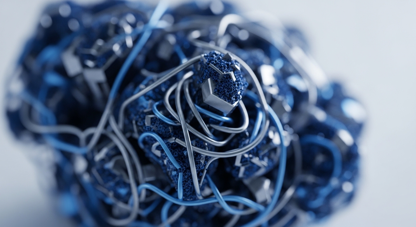 The image displays a detailed macro view of intertwined metallic silver and bright blue conduits, connecting to dark blue granular structures interspersed with angular silver components. This intricate network forms a compelling visual representation of a blockchain's core architecture, where transaction pathways facilitate data block formation and validation