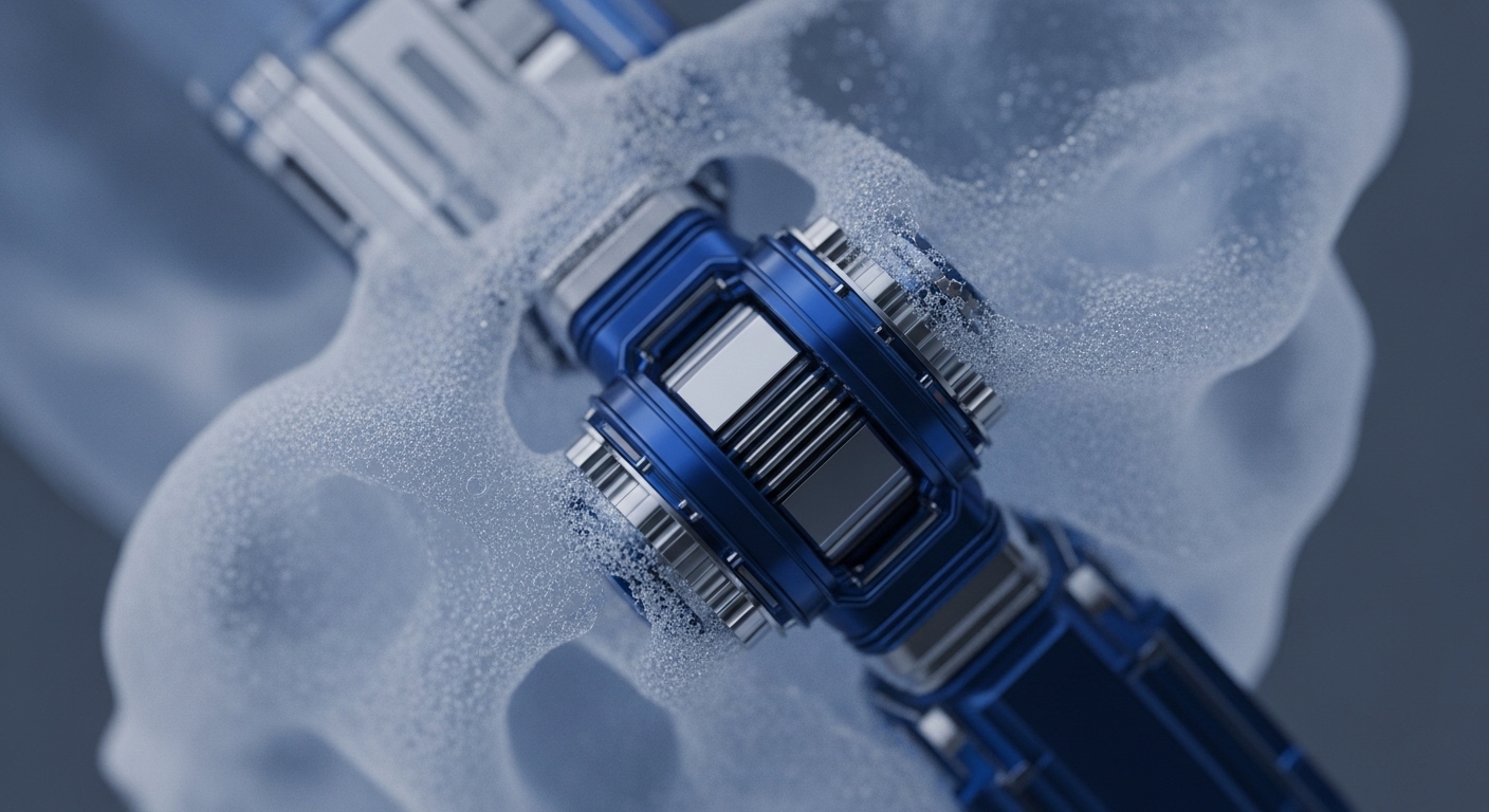 A futuristic blue and silver mechanical assembly, featuring ribbed and geared elements, is partially submerged within a translucent, light blue, granular substance. This textured material appears porous and organic, enveloping the intricate metallic structure