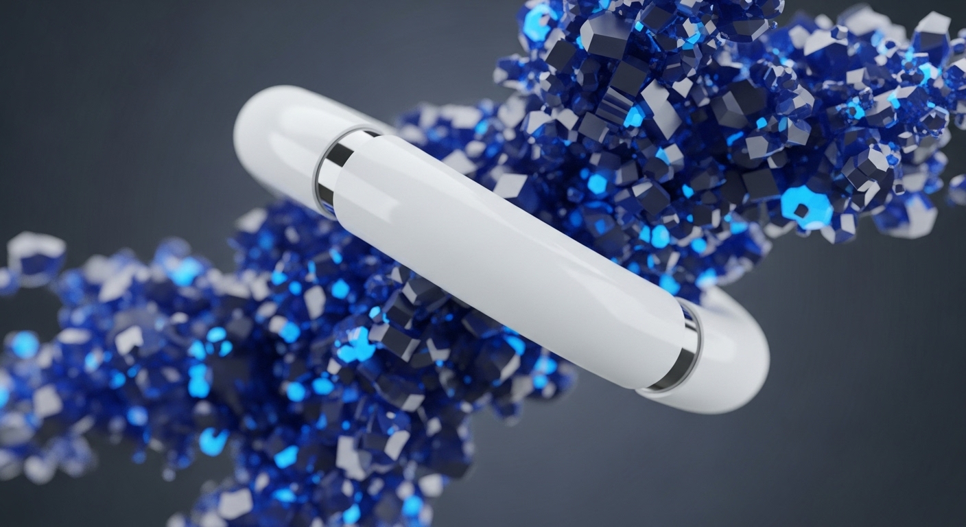 A polished white, cylindrical form with silver bands is centrally positioned, emerging from a vibrant cluster of dark blue and luminous cyan crystalline fragments. This visual metaphor explores the core tenets of cryptocurrency and blockchain technology