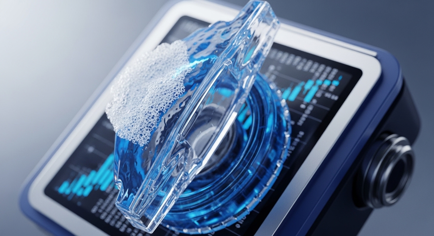 A transparent, block-like data element with flowing blue liquid and white foam rests atop a dark blue device featuring a screen. The display shows dynamic blue bar charts representing market analytics