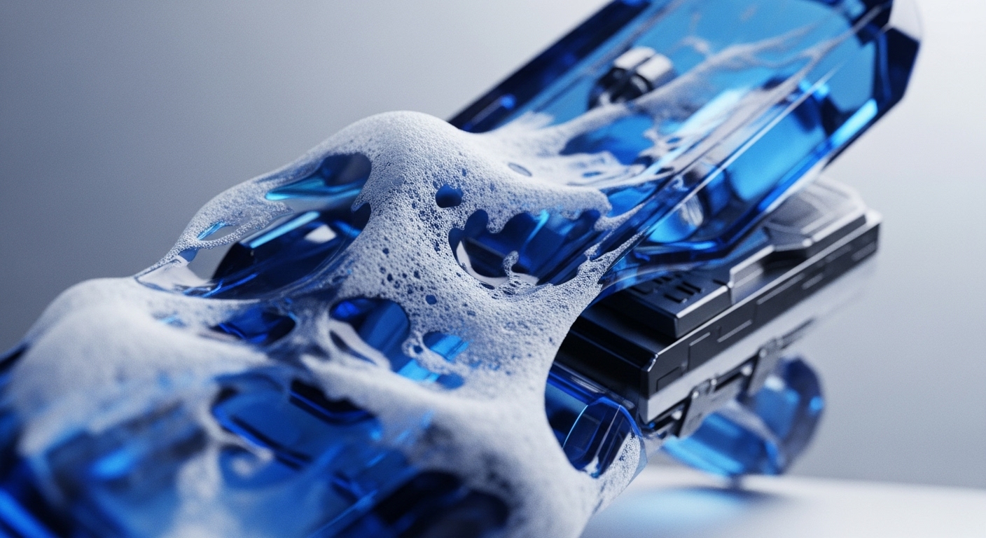 A striking visual displays a translucent, angular blue structure, partially covered by white, effervescent foam, set against a soft gray background. The composition features a metallic, electronic component visible beneath the blue form on the right, suggesting underlying infrastructure