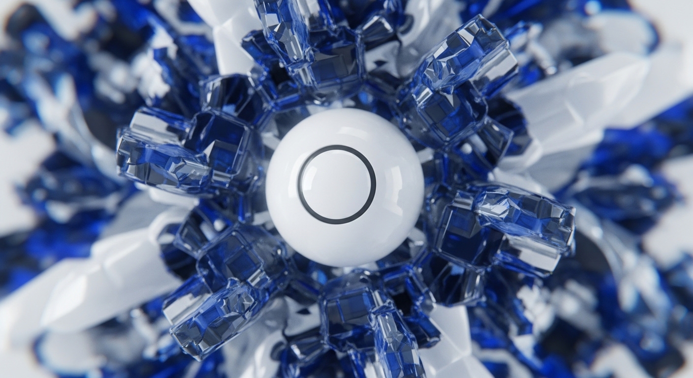The image presents a central white sphere with a distinct concentric black ring, surrounded by an intricate array of blue translucent and white opaque crystalline forms. These multifaceted structures radiate outwards, forming a complex, interconnected cluster against a blurred background