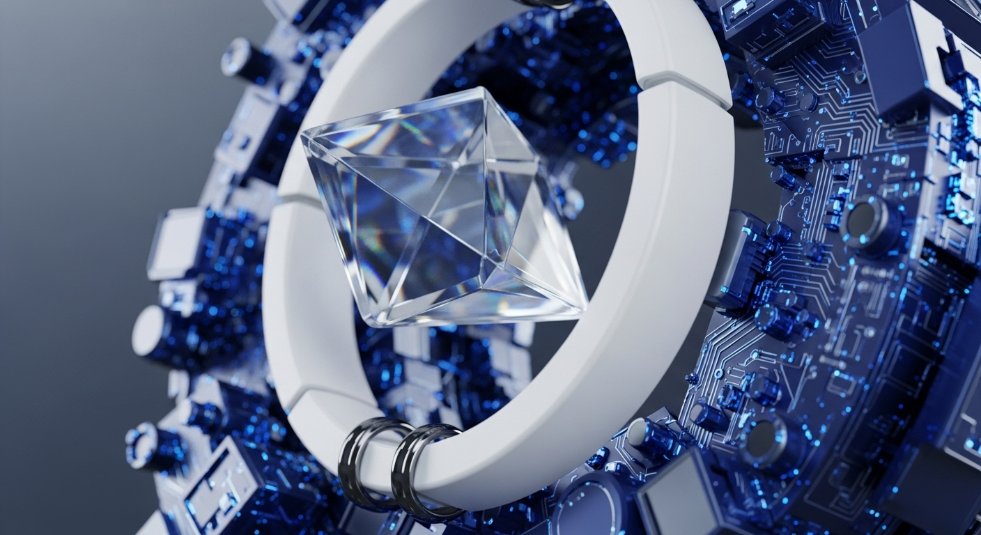A luminous, multifaceted diamond shape, reminiscent of a digital asset or token, is centrally positioned within a smooth white ring. This ring is enveloped by a detailed, three-dimensional circuit board structure rendered in vibrant blues and purples, suggesting advanced computational processes