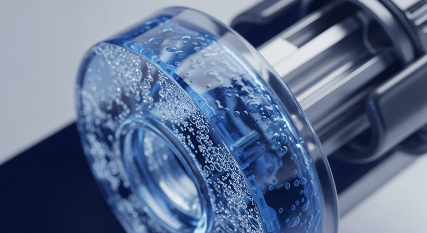 A close-up view reveals a transparent, blue-tinted cylindrical component brimming with effervescent bubbles, indicative of active on-chain transaction processing. This element is integrated into a sophisticated metallic and dark grey distributed ledger technology DLT infrastructure. The vibrant blue liquid and distinct bubbles symbolize tokenized data packets and liquidity pool dynamics within a decentralized finance DeFi protocol. The surrounding mechanism suggests the underlying consensus mechanism and computational resources facilitating robust network throughput and data integrity.