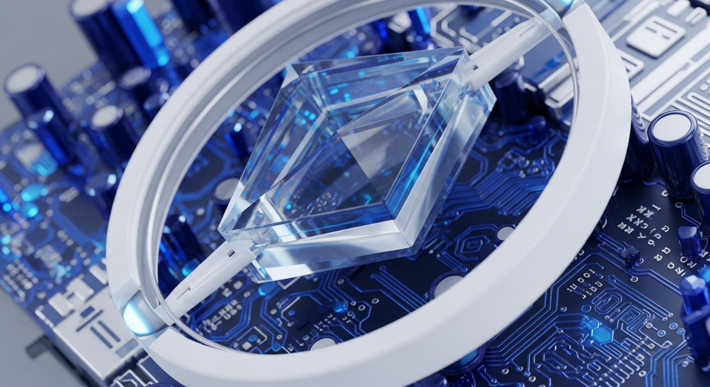 A clear, geometric crystal prism is centered within a white circular frame, positioned above an intricate blue printed circuit board. The crystal's facets refract light, mirroring the complex pathways and illuminated components of the underlying electronic substrate