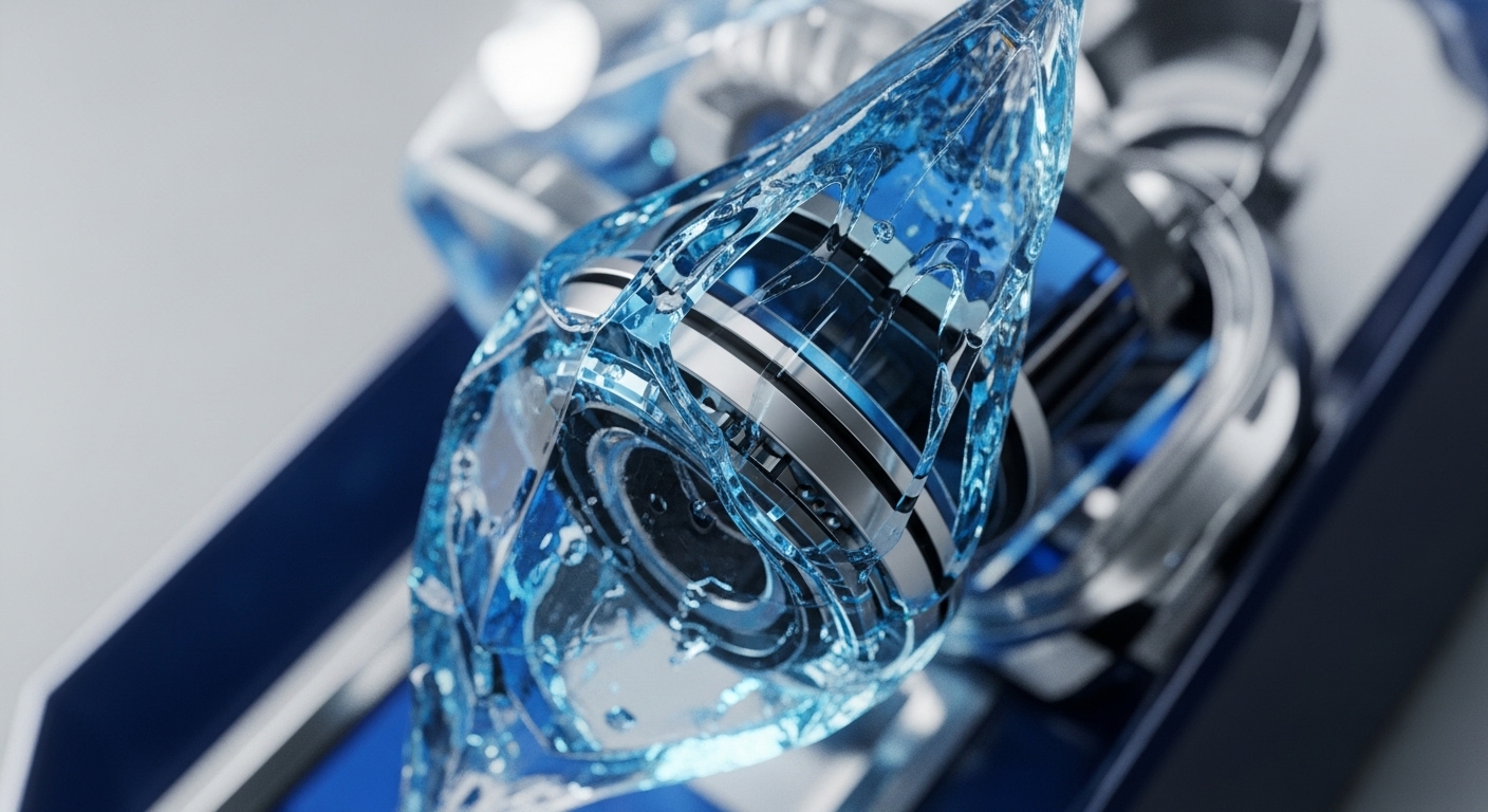 Vibrant blue liquid cascades over complex, metallic structures, evoking the essence of cryptocurrency transactions and blockchain infrastructure. This abstract depiction visualizes the fluid dynamics of digital assets, illustrating the intricate interplay of decentralized finance DeFi mechanisms