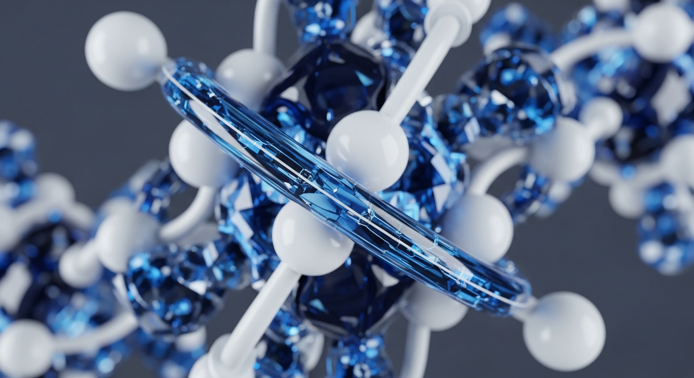 A close-up view reveals a complex molecular arrangement composed of shimmering blue crystalline facets and smooth white spheres, all linked by white rod-like structures. This abstract visualization effectively embodies the core principles of blockchain technology and cryptocurrency networks