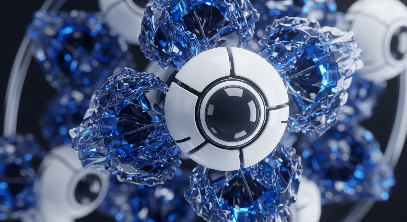 This abstract visualization showcases a network of interconnected crystalline blue structures and white robotic orbs, suggesting a complex, decentralized system. The crystalline facets evoke the secure, immutable nature of blockchain ledgers, while the robotic spheres could represent nodes actively participating in consensus algorithms or serving as oracles for decentralized autonomous organizations DAOs