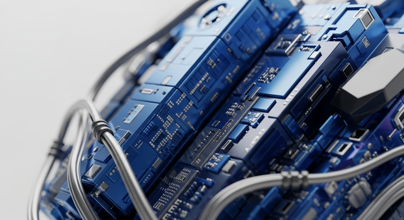 Intricate blue circuit boards and metallic conduits form a detailed abstract representation of digital infrastructure. These elements visually convey the complex interconnections and data flow inherent in blockchain networks