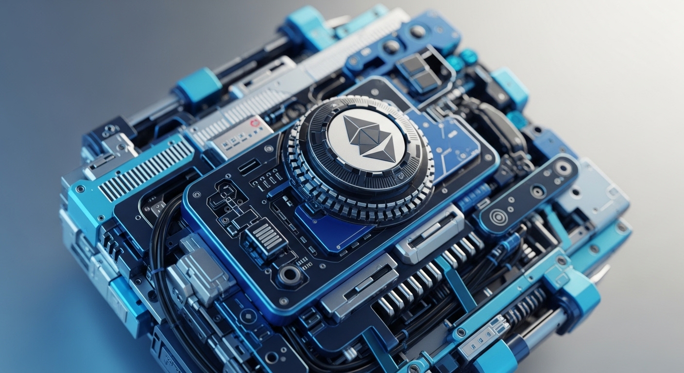 A highly detailed, futuristic mechanical device with prominent blue and silver metallic components is depicted, featuring an integrated Ethereum logo at its core. This intricate machinery represents the underlying technology of blockchain networks, particularly focusing on the Ethereum protocol's architecture and its role in digital asset management