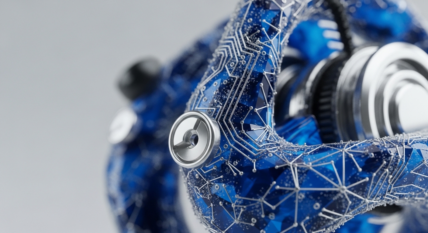 A close-up view reveals a complex, translucent blue structure adorned with intricate silver circuitry and scattered white particles. Metallic, gear-like components are visible within and behind this structure, alongside a distinct circular metallic element on its surface
