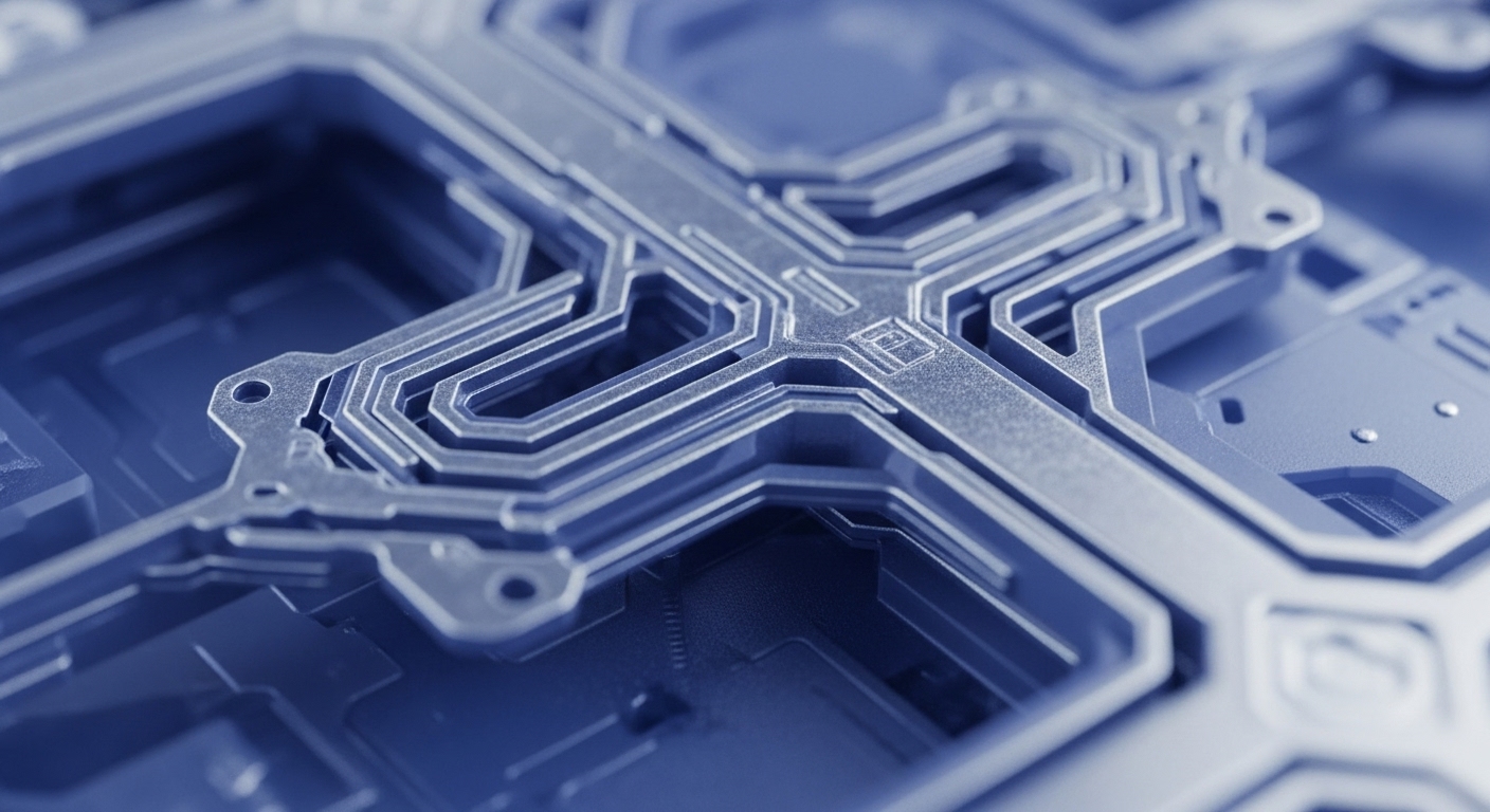 A detailed macro shot showcases an advanced, metallic circuit-like structure with a prominent blue hue, featuring intricate geometric patterns and layered components. The design highlights complex pathways and recessed sections, suggesting a sophisticated technological core