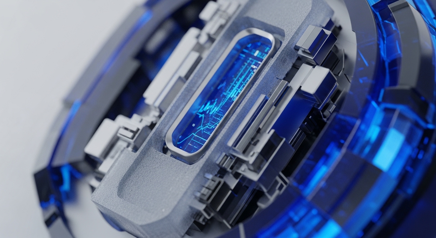 The image presents a detailed, three-dimensional rendering of an abstract technological construct, featuring a central illuminated viewport displaying intricate blue lines and nodes. Surrounding this core element are interlocking geometric shapes in metallic gray and deep blue, creating a sense of complex machinery and interconnected systems