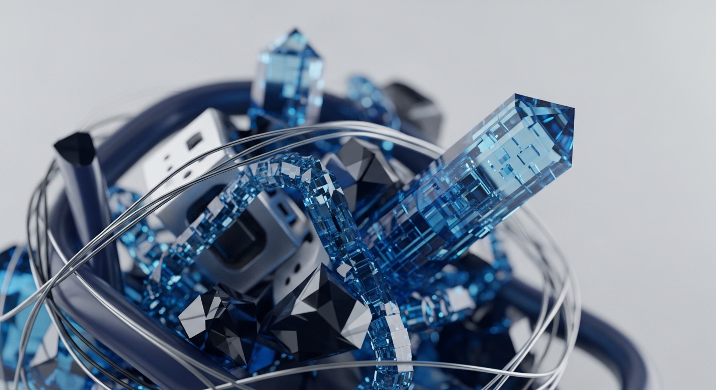 Glistening blue and black geometric crystals are intricately entangled with metallic wires and dark components against a minimalist background. This composition abstractly visualizes the complex architecture of blockchain networks and the foundational cryptographic protocols that secure them