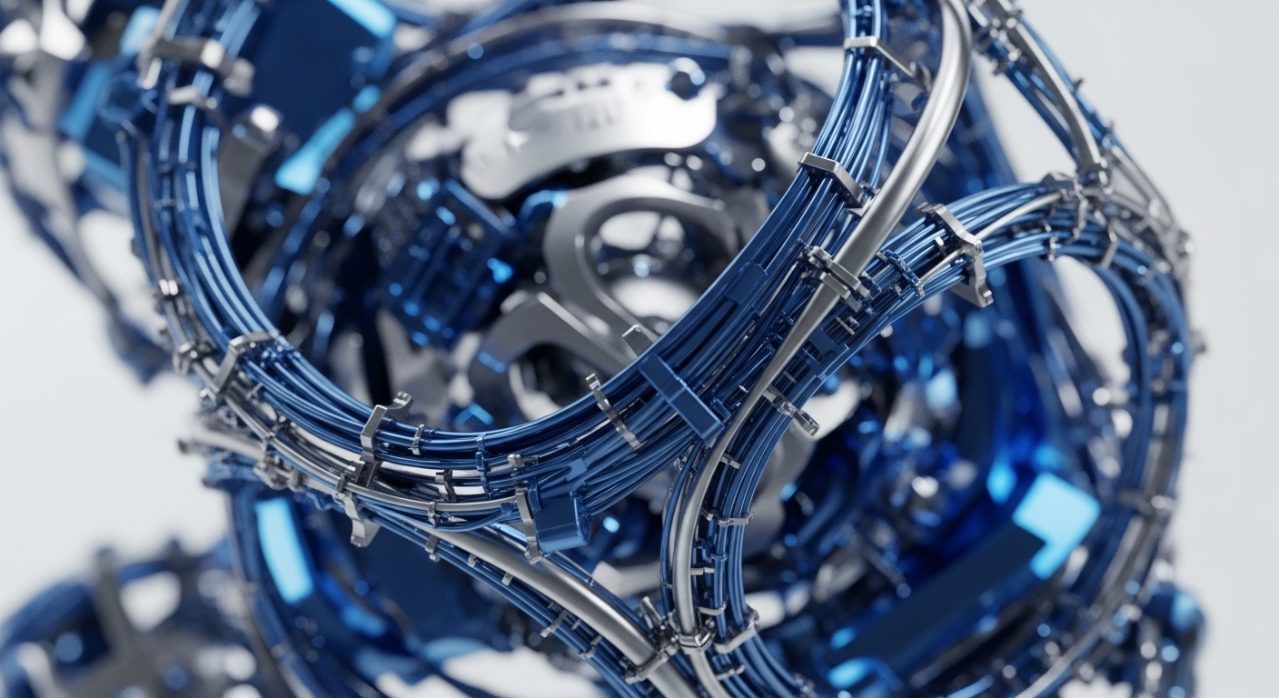 A close-up view reveals a dense arrangement of metallic components, dominated by vibrant blue conduits and gleaming silver machinery. These blue tubes, bound by metallic fasteners, snake through a core of interlocking gears and abstract metallic shapes, creating a sense of organized complexity