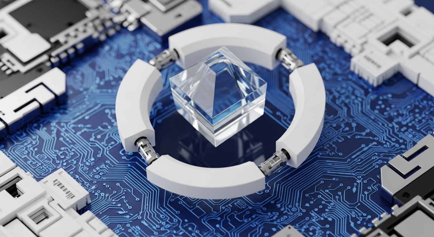 A clear, geometric crystal pyramid sits atop a vibrant blue circuit board, encircled by four white, articulated segments. This visual metaphor represents a fundamental component of blockchain technology, such as a validated block or a node in a decentralized network