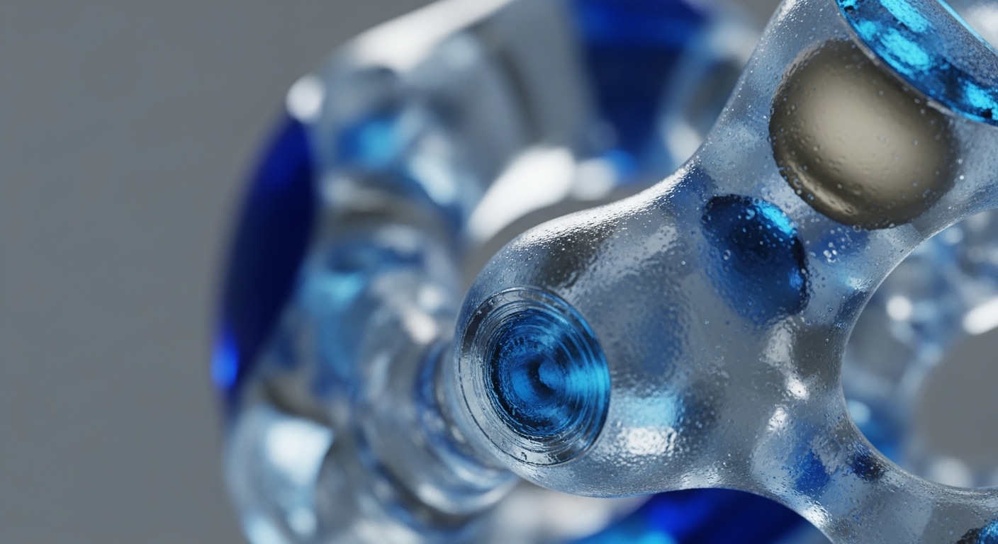 A close-up view reveals a complex, translucent structural network, adorned with a frosty texture and embedded with reflective spheres. A prominent, metallic blue spiral element grounds the intricate connections