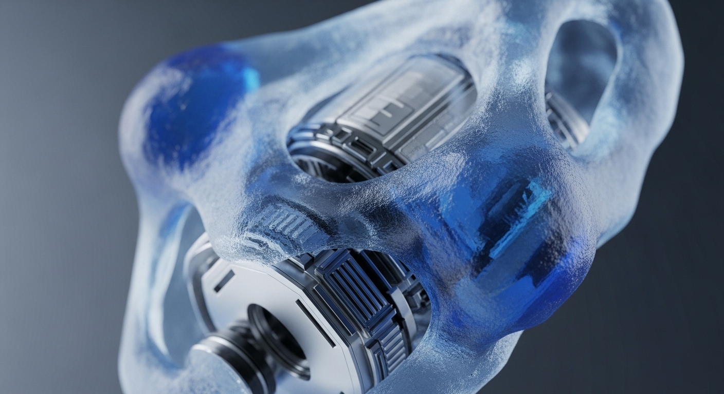 A close-up view reveals a translucent, icy-blue, amorphous structure housing several metallic, cylindrical components with intricate patterns. These mechanical elements appear embedded within the larger, textured, semi-transparent material, creating a sense of a complex internal system