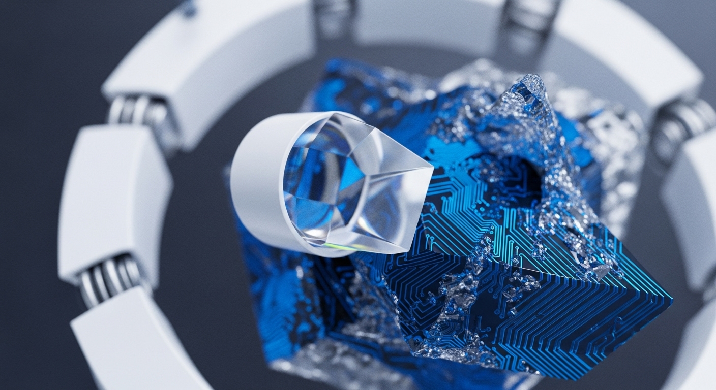 A geometric crystal refracts light over a vibrant blue circuit board, held by a sleek white robotic manipulator. This visual metaphor encapsulates the core mechanics of blockchain technology and cryptocurrency creation