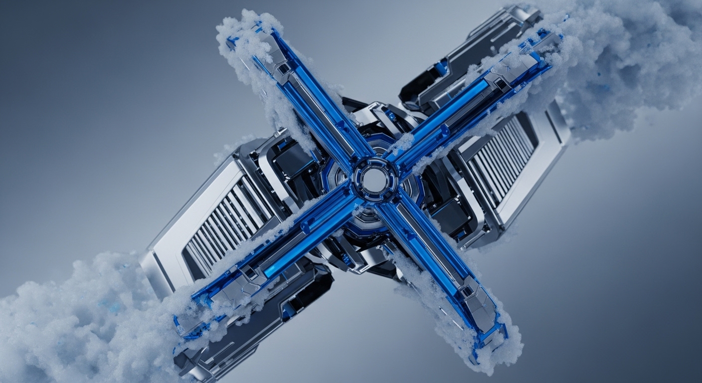 A complex metallic and blue mechanical structure, shaped like an 'X', is enveloped by white, cloud-like vapor against a gradient grey background. The intricate design features grilles and reflective surfaces, highlighting a high-tech cooling or energy transfer system