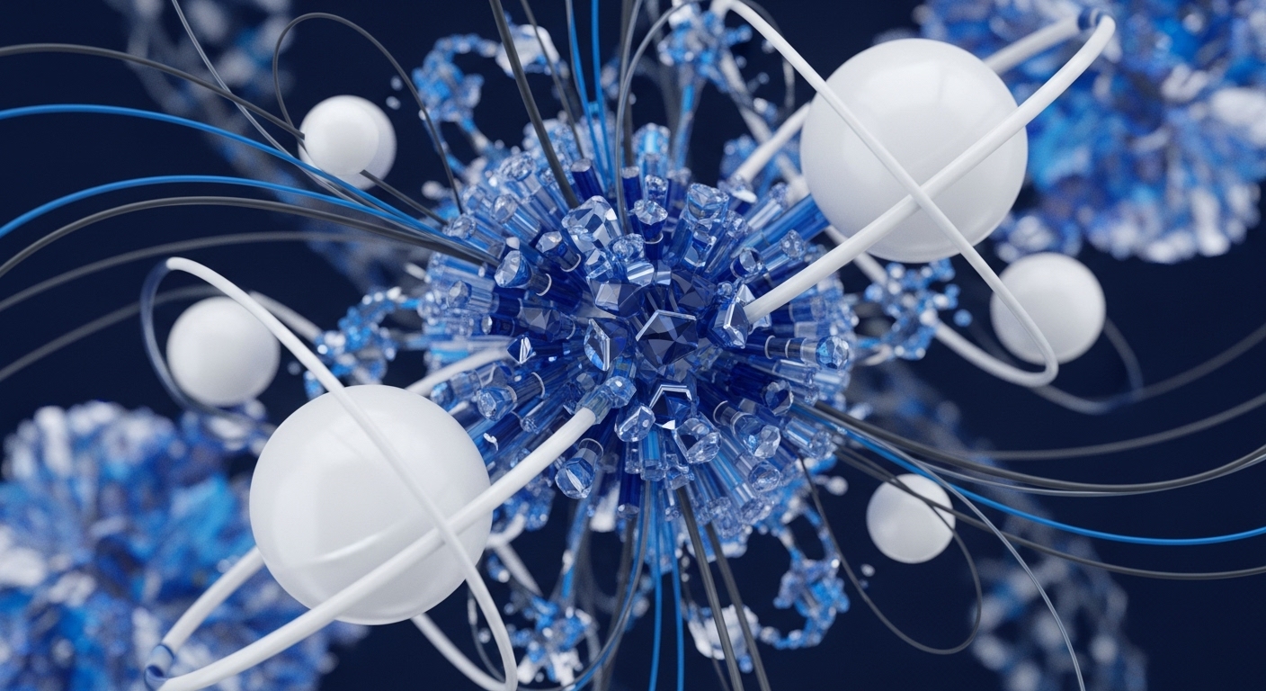 A central, intricate cluster of shimmering blue, faceted crystalline forms represents a core blockchain protocol or a shard within a larger distributed network. These elements signify cryptographic primitives and data integrity, extending outward with dynamic black, blue, and white conduits. White spheres, encircled by orbital rings, embody validator nodes or digital asset infrastructure, suggesting robust consensus mechanisms and governance protocols. The overall composition illustrates a complex, interconnected DLT architecture, emphasizing network topology and interoperability.