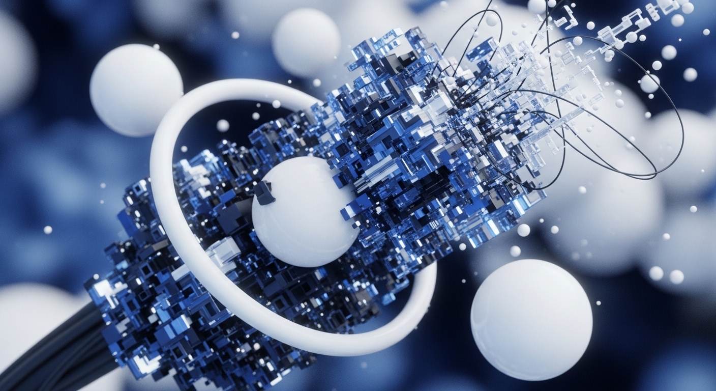 An abstract digital composition displays blue and black geometric block structures, interconnected by thin black lines and encircled by prominent white rings. White spheres of varying sizes are integrated within this central structure and float against a blurred blue background, creating depth
