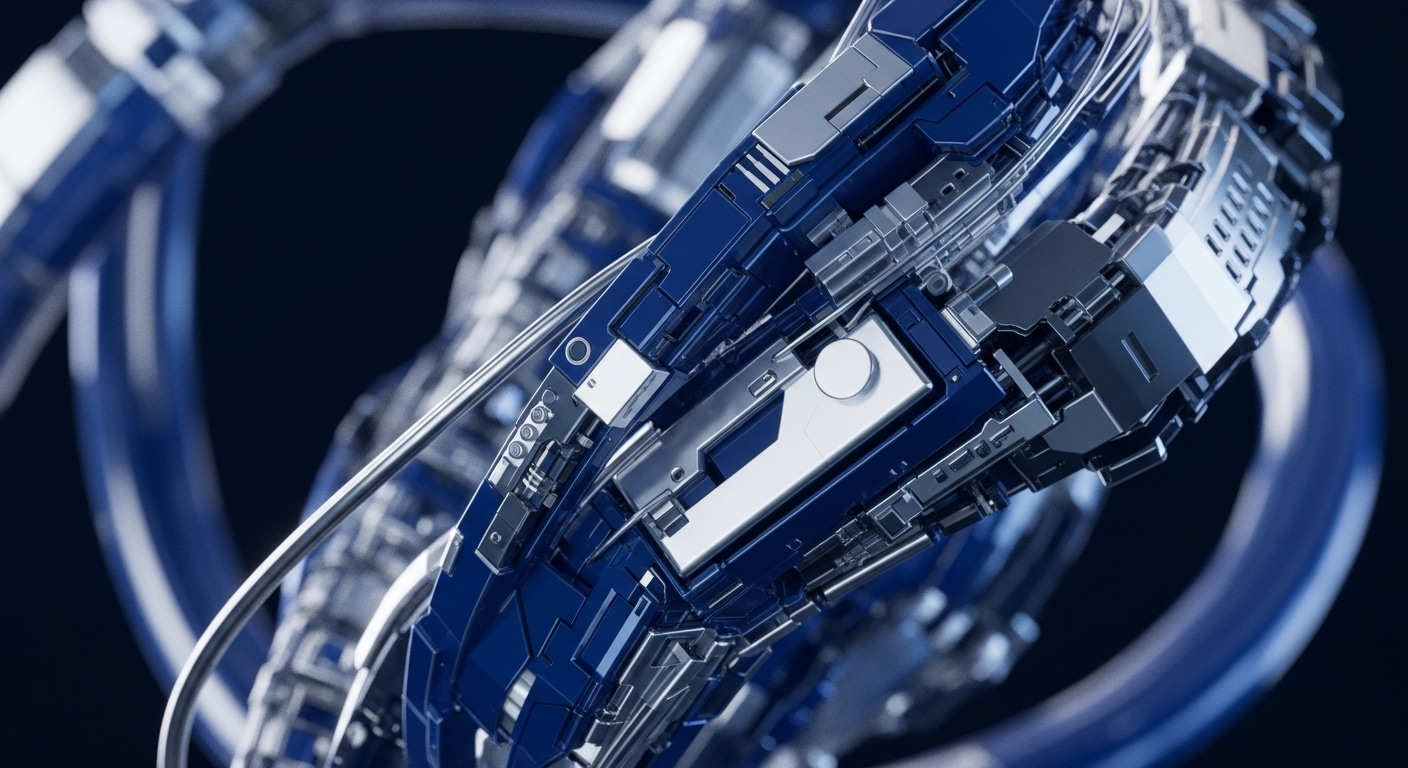 The image displays a detailed view of an abstract, segmented structure composed of interlocking deep blue and reflective silver metallic elements, with thin conduits traversing its surface against a dark background. Various robust panels and intricate components are precisely connected, highlighting advanced engineering