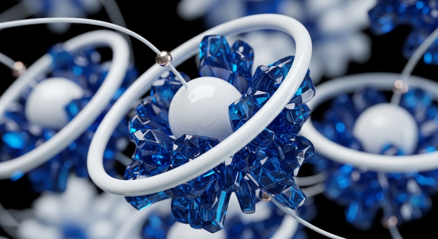 The image displays glossy white spheres enveloped by numerous deep blue, faceted crystals. These units are interconnected by smooth white rings and thin white lines featuring small metallic orbs, set against a dark background