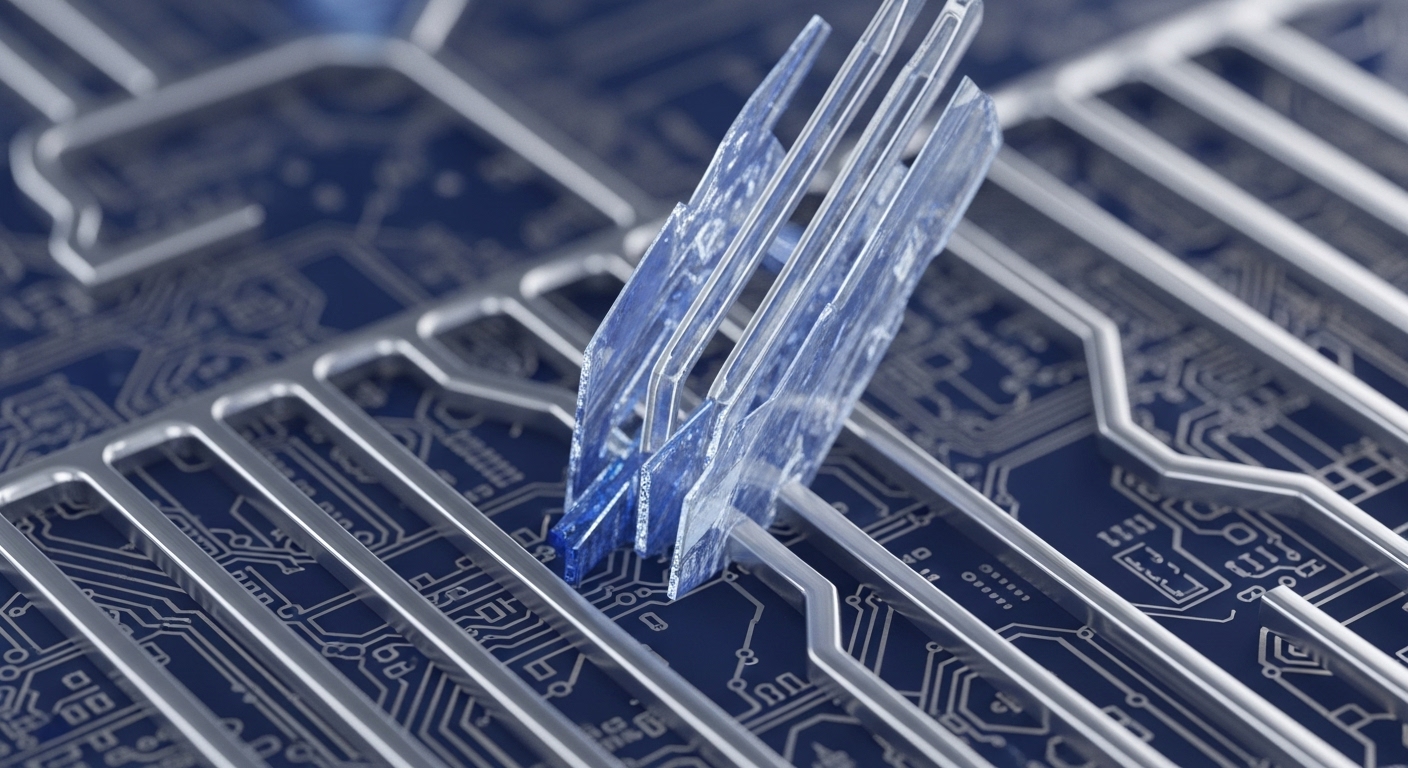 A high-resolution, close-up perspective showcases an abstract digital landscape featuring a dark blue background intricately patterned with fine white circuit-like tracings. Raised silver-colored structures form parallel channels and interconnecting pathways across this substrate, with multiple translucent blue fin-like elements standing vertically within one section of these channels