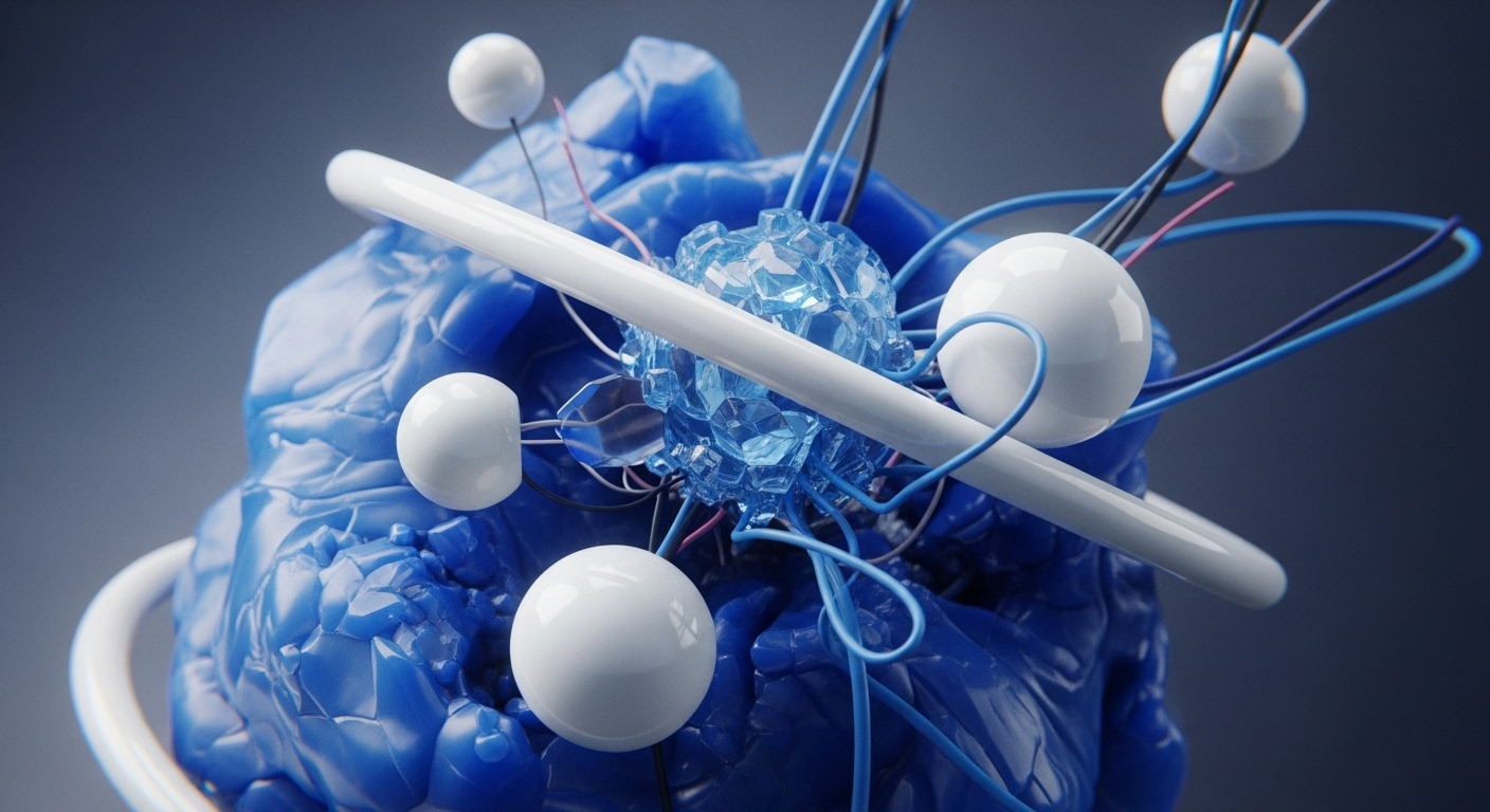 An intricate abstract rendering showcases a dark blue, textured core enveloped by luminous blue crystalline formations and numerous smooth white spheres. Various blue, black, and subtle pink wires connect these elements, set against a muted grey-blue backdrop