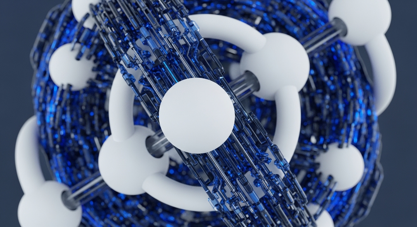 The image displays a three-dimensional abstract representation featuring a central white sphere surrounded by multiple interconnected white spherical nodes. These nodes are linked by white, curved tubular structures, forming a larger, intricate framework, with a dense, luminous blue lattice of geometric circuit elements intricately woven behind and through this white structure