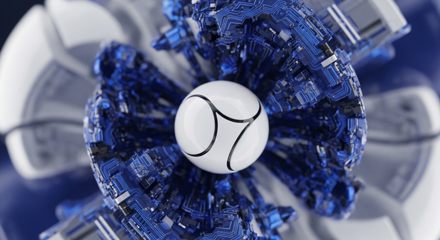 A pristine white sphere, marked with stylized black pathways, is positioned at the heart of a dynamic, radially expanding structure of interlocking blue and silver components. These components evoke the complex architecture of integrated circuits and advanced data processing units, symbolizing the intricate nature of blockchain networks