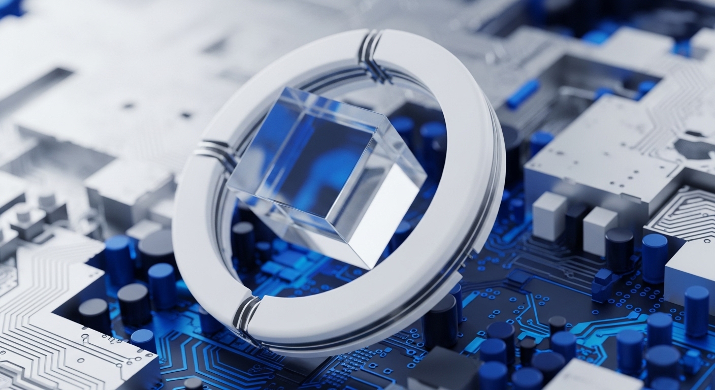 A clear, geometric crystal cube is centrally positioned within a smooth, white ring, reflecting the surrounding environment. This central element is situated atop a complex electronic circuit board, characterized by a striking blue luminescence that highlights its detailed circuitry