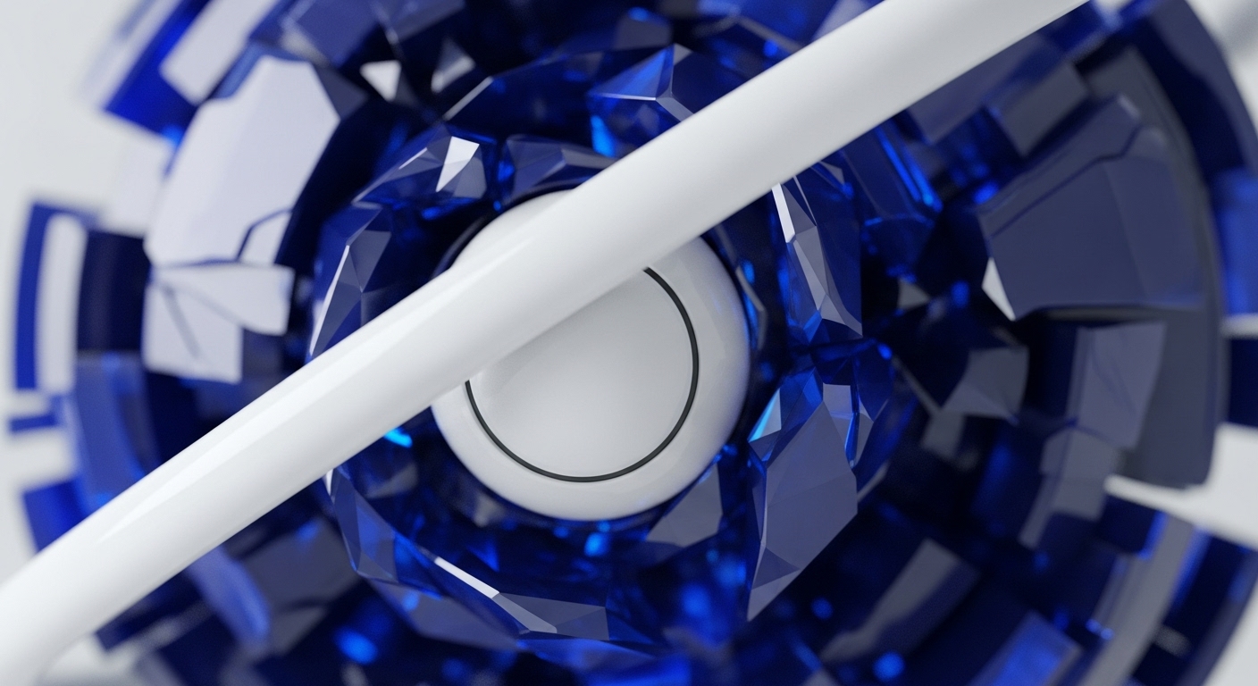 A central white sphere is encased by a vibrant, sapphire-blue crystalline formation with sharp, angular facets. A stark white, smooth band cuts diagonally across the foreground, intersecting the sphere and the surrounding crystal matrix