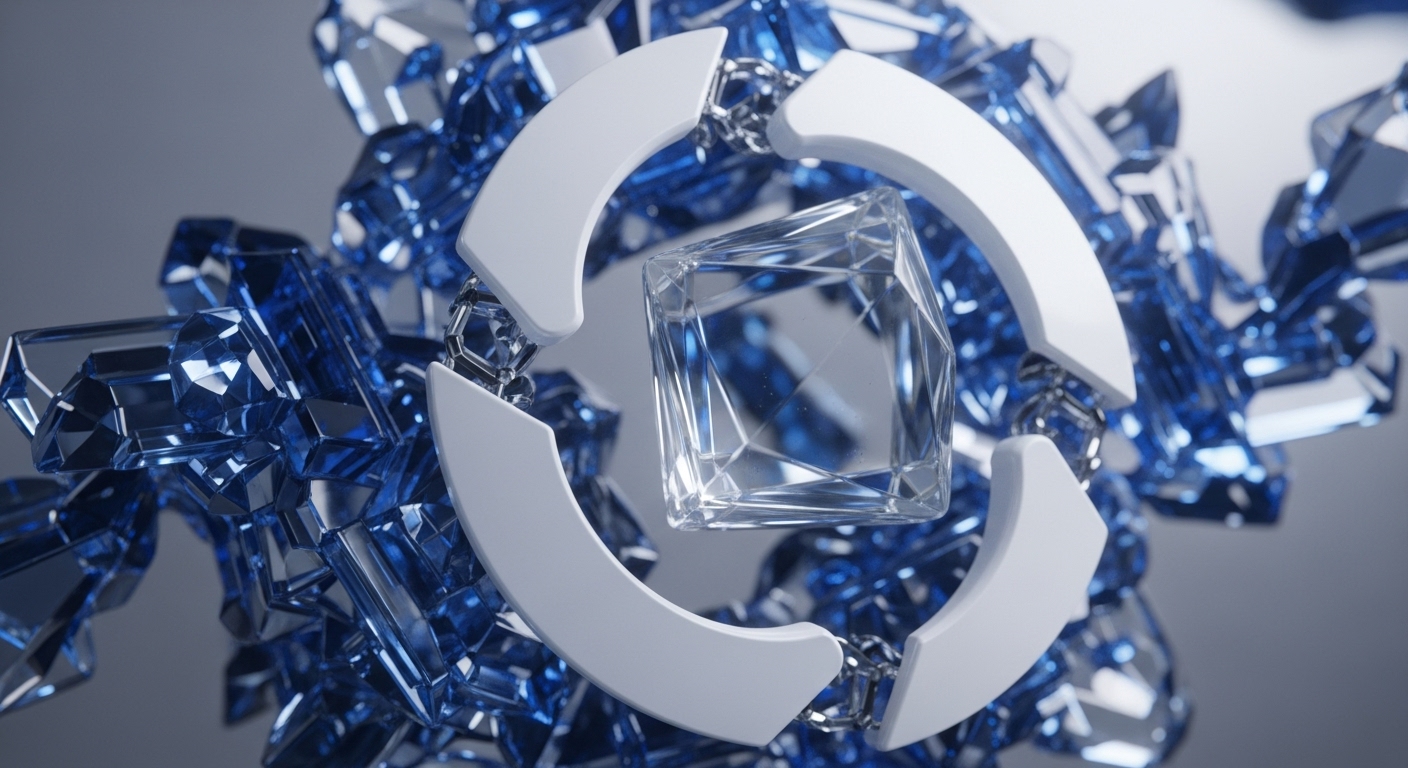 A central, faceted diamond-like structure is encircled by three white, arcing segments connected by metallic links, all set against a backdrop of fragmented, iridescent blue crystalline formations. This visual metaphor represents the core value proposition of decentralized finance, where secure, immutable ledger technology blockchain underpins the creation and management of digital assets. The crystalline elements evoke the intrinsic value and transparency inherent in robust cryptographic protocols and the emergent properties of decentralized networks, akin to a distributed ledger's consensus mechanisms.