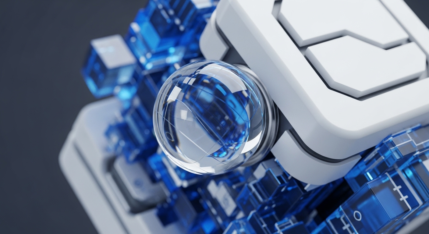 A clear sphere is centrally positioned, reflecting a complex network of translucent blue crystalline blocks and a stark white, angular geometric structure. This visual metaphor represents the interconnectedness and foundational elements of blockchain technology