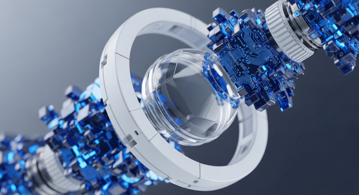 A central transparent geodesic sphere is embraced by a white ring, forming a focal point within a vibrant digital landscape. Branching outwards are crystalline blue structures and detailed circuit board pathways, illuminated with an internal glow