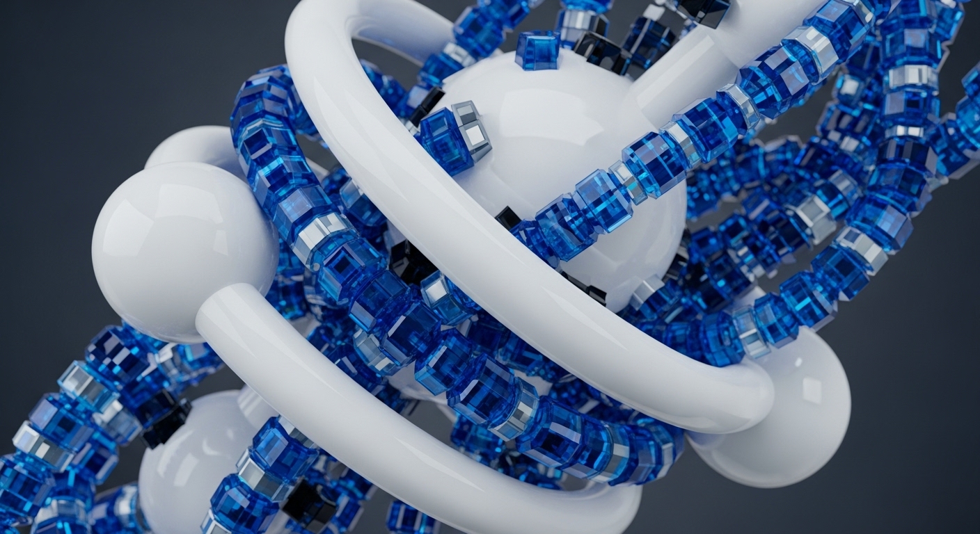 Abstract white spheres are enveloped by a dynamic lattice of translucent blue cubic elements interspersed with metallic accents, suggesting interconnected nodes within a decentralized network. This visual metaphor represents the complex interplay of smart contracts and distributed ledger technology. The interlocking structure evokes the immutability of blockchain transactions and the cryptographic security underpinning various crypto assets, hinting at the intricate architecture of DeFi protocols and the flow of digital value across the ecosystem.