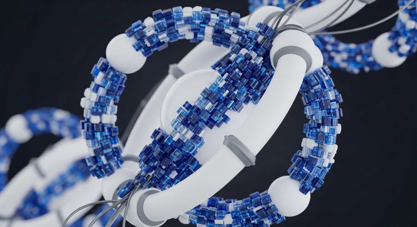 A series of interconnected white rings, adorned with alternating blue and translucent white cubes, forms an abstract digital chain against a dark background. Thin grey wires weave through the structure, suggesting network connectivity