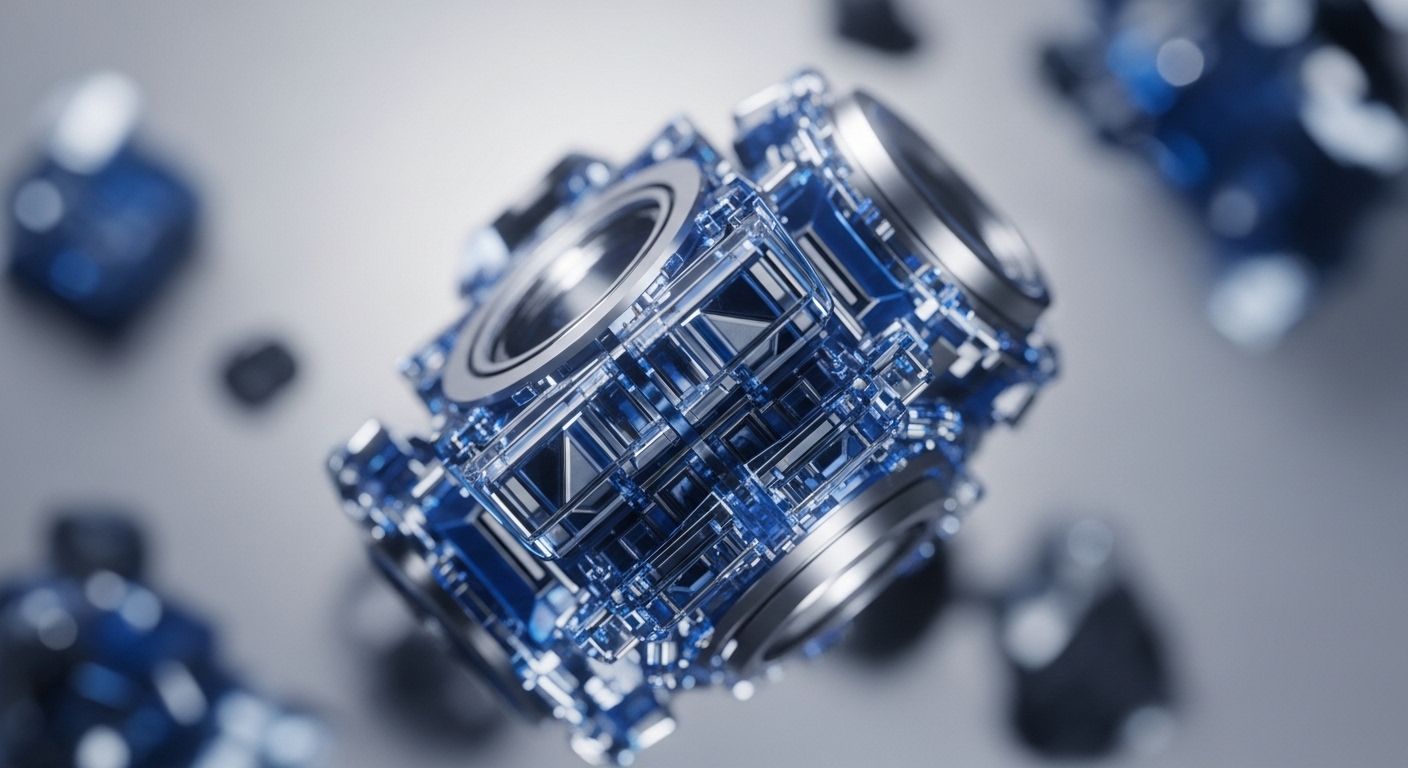 A detailed render showcases a complex, translucent blue and metallic cubic structure, symbolizing a robust blockchain node. Its intricate internal mechanisms and external interfaces reflect cryptographic hashing processes and smart contract execution within a distributed ledger technology DLT framework. Blurred elements in the background suggest a vast peer-to-peer network, emphasizing decentralization and network architecture for transaction validation. This digital asset representation highlights data integrity and protocol functionality.