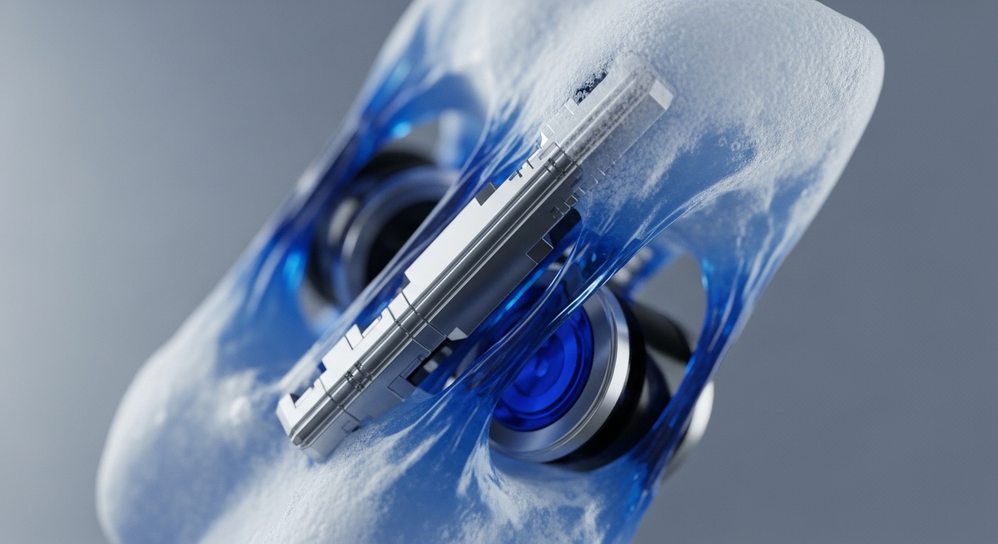 The image presents a detailed view of advanced metallic machinery partially encapsulated by a swirling, translucent blue material, evoking a sense of dynamic cooling and secure containment. Prominently featured are polished silver components and vibrant blue circular elements, suggesting high-efficiency operation within a controlled environment