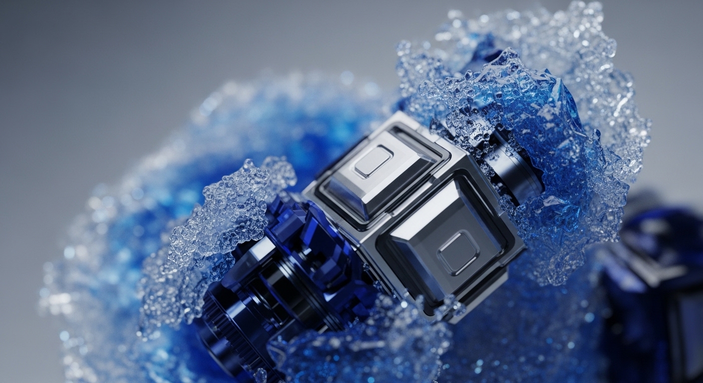 A sleek, silver metallic component, possibly a module or block, is surrounded by and partially submerged in a dynamic splash of vibrant blue, crystalline liquid and ice. The background is a soft, blurred grey, highlighting the central object and the active blue elements