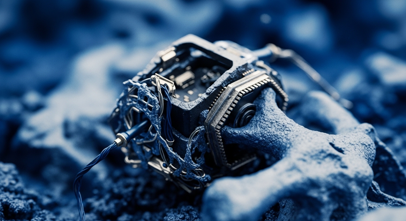 A detailed close-up reveals a sophisticated, partially exposed technological mechanism, predominantly in shades of deep blue and metallic silver, resting within a granular, textured blue environment. Intricate wiring extends from the device, suggesting active connectivity