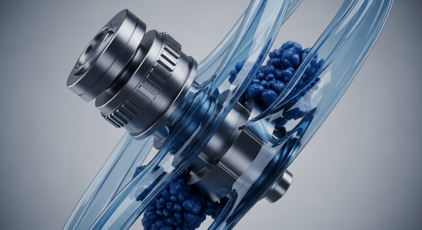 The image displays polished metallic components, reminiscent of high-precision gears and bearings, intricately linked with translucent blue structures. Within these fluid-like conduits, dark blue granular clusters are visible, suggesting a system in active operation