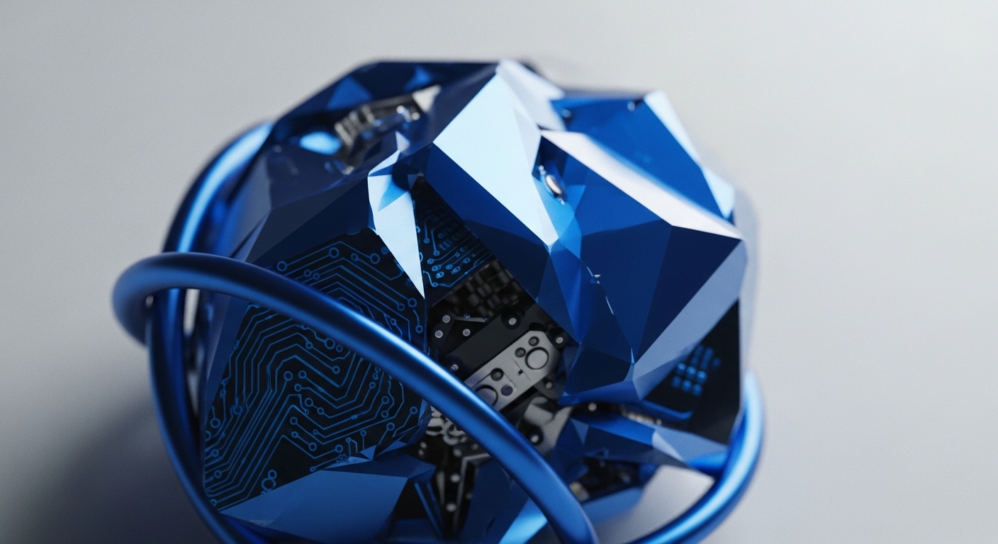 A multifaceted blue object, resembling a data core, showcases intricate circuit board patterns and mechanical components through its translucent facets. A smooth, metallic blue ring partially encircles the central structure