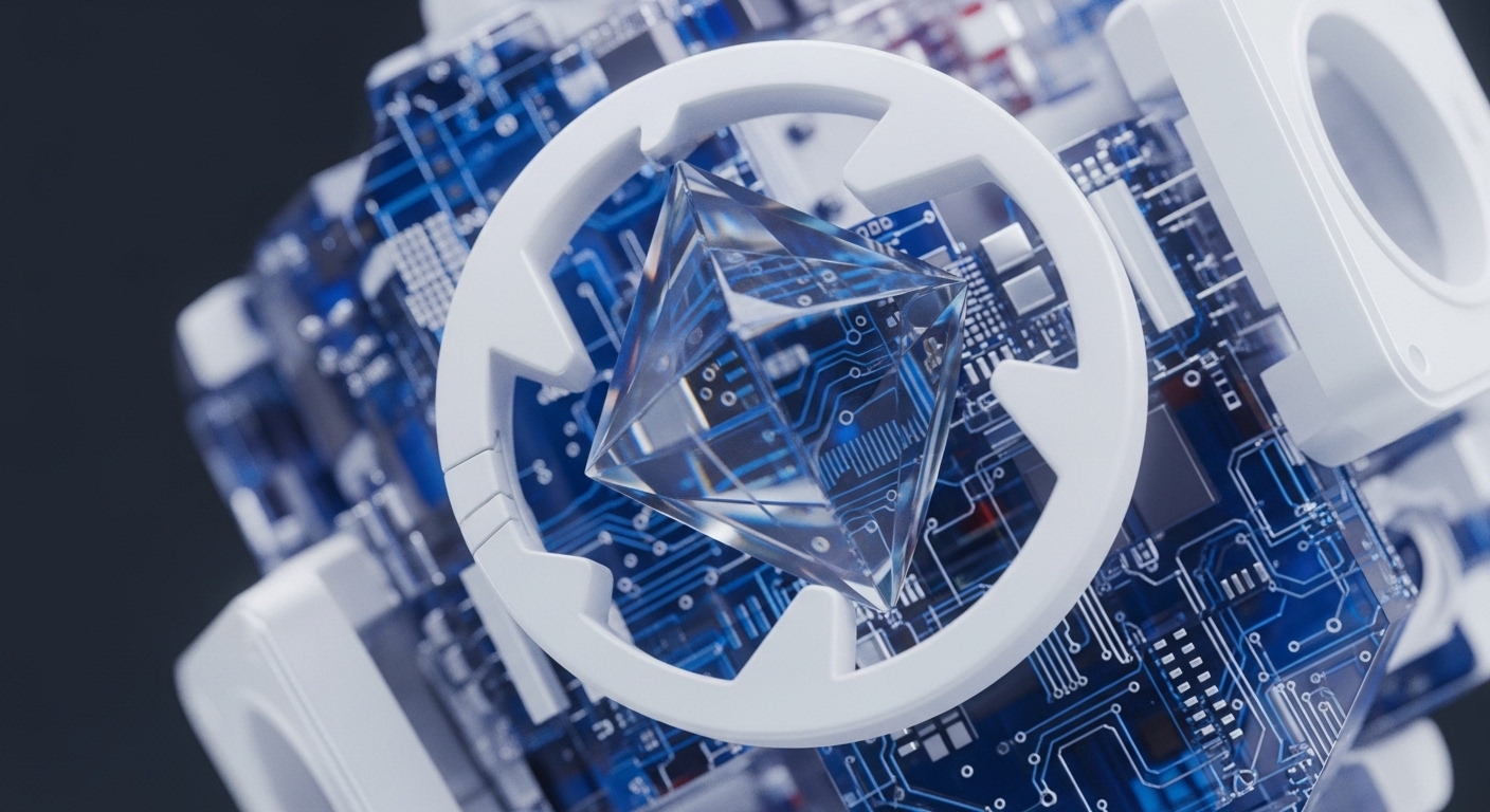 A transparent, faceted crystalline object, reminiscent of a diamond or prism, is centrally positioned within a detailed abstract construction. This structure is composed of interconnected white geometric modules and an underlying intricate blue circuit board pattern, suggesting advanced digital architecture