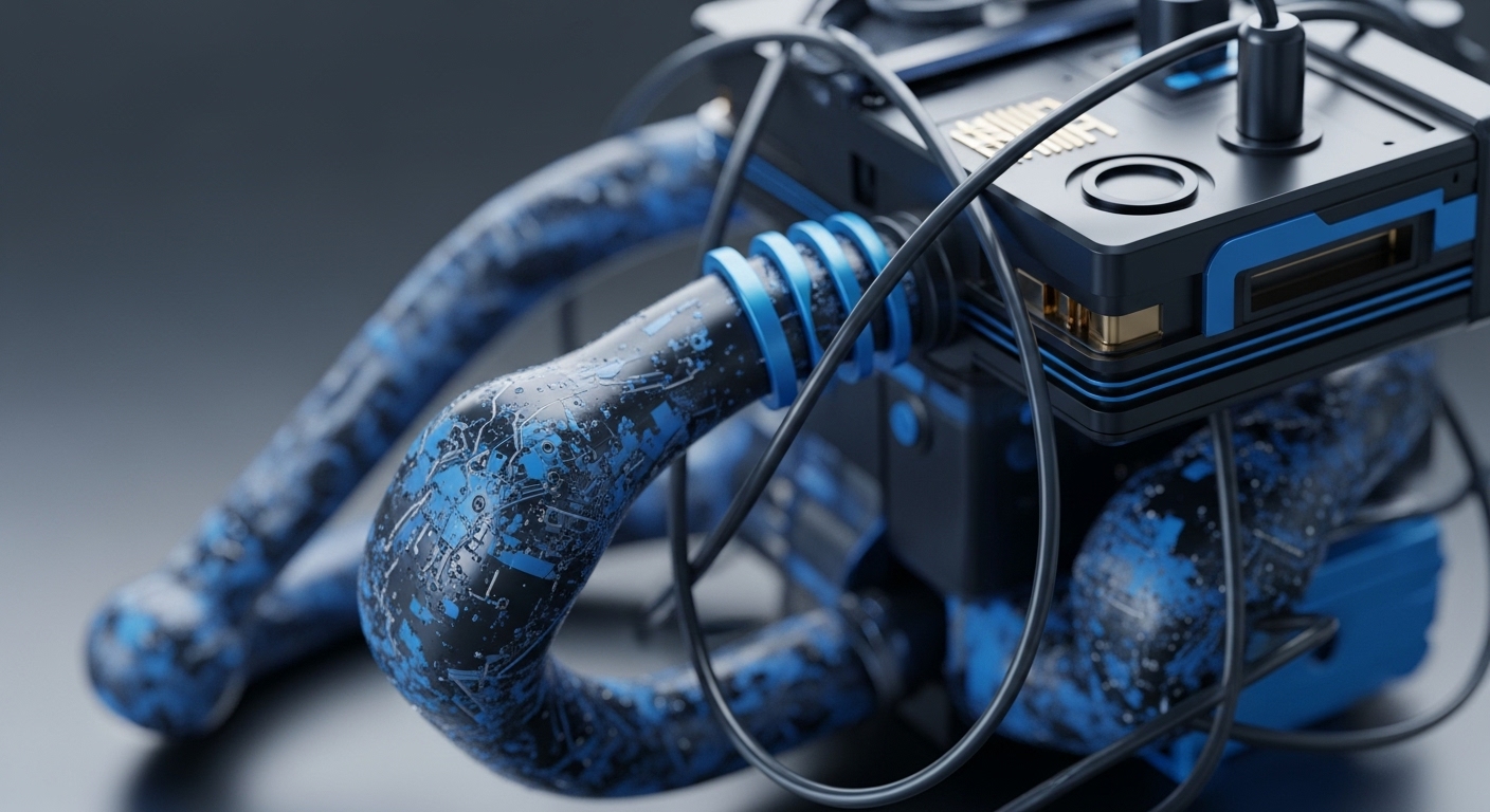 A high-tech apparatus featuring a dark gray block with blue and gold accents is prominently displayed, intricately connected by multiple flexible, textured conduits and interwoven black cables. The conduits exhibit a distinctive distressed blue circuit-like pattern, emerging from and connecting to the central unit with bright blue bands