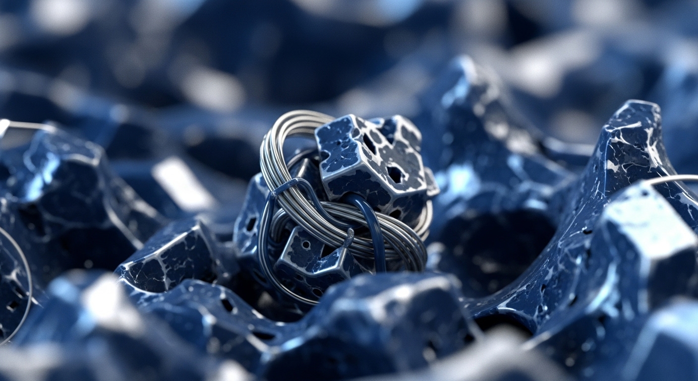 Angular, porous metallic fragments in shades of deep blue and silver are intricately bound by thin, reflective wires. These forms suggest a microscopic view of a decentralized network's architecture, akin to interconnected nodes in a blockchain