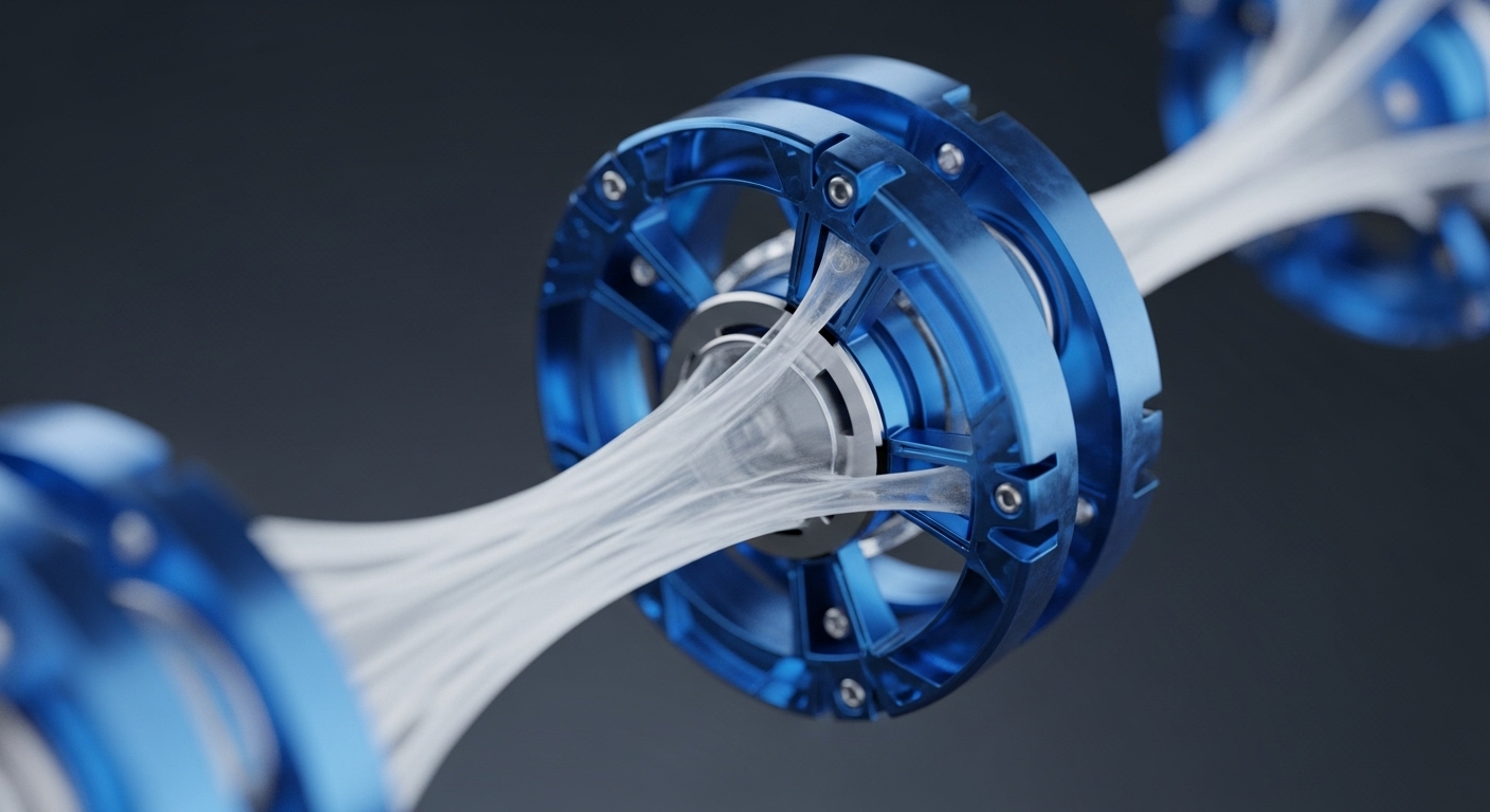 Translucent blue mechanical components, resembling interconnected nodes, are linked by intricate bundles of white, fibrous strands against a dark gray background. The central component is in sharp focus, highlighting its detailed metallic core and fastening elements, while other components blur into the foreground and background, suggesting a continuous chain or network