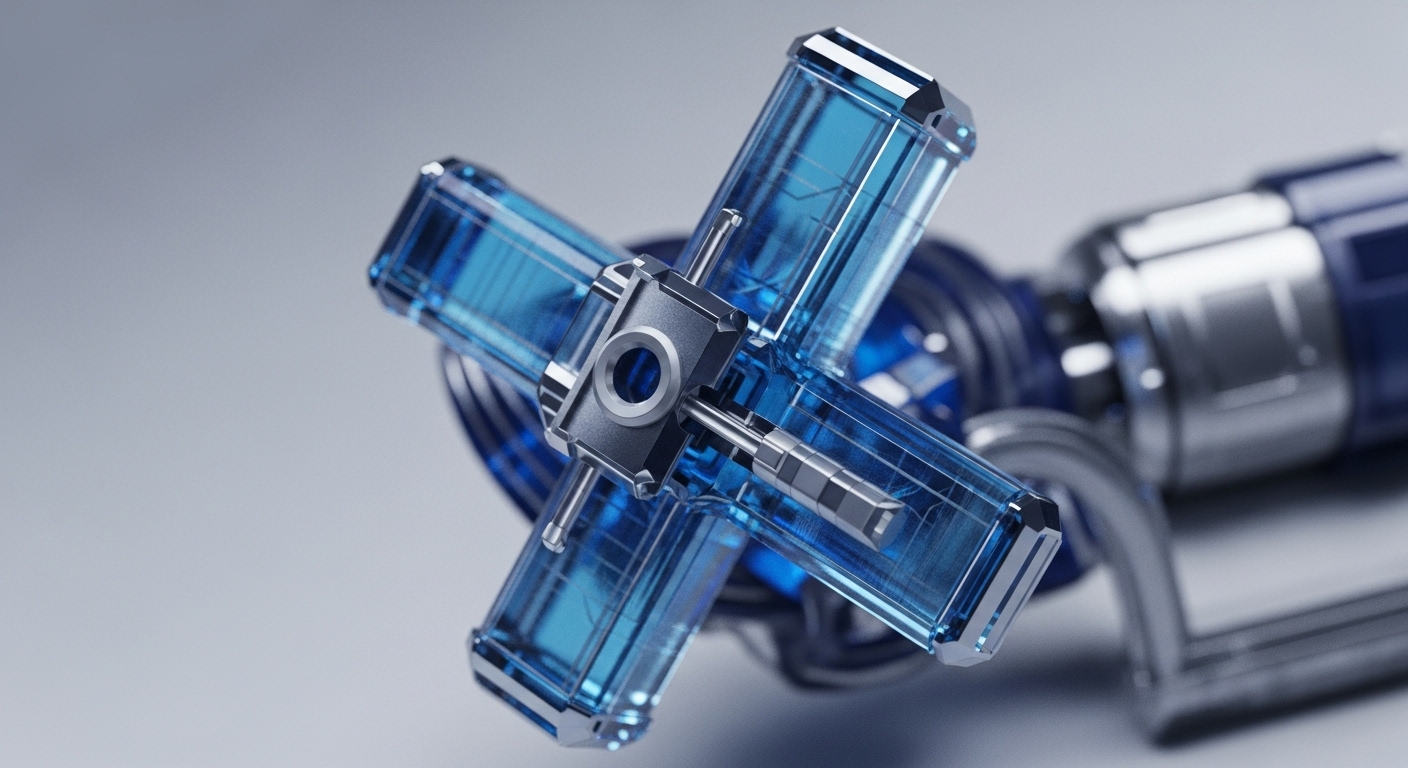 A high-resolution close-up showcases a sophisticated mechanical assembly, centered around a metallic hub with four translucent blue rectangular components radiating outwards in a precise cross formation. Each transparent blue module reveals intricate internal grid-like structures, implying complex data processing or cryptographic primitive operations